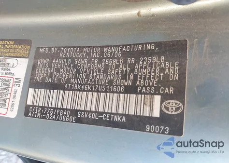 2007 Toyota Camry Le V6 z USA, uszkodzony, nr VIN 4T1BK46K17U511606